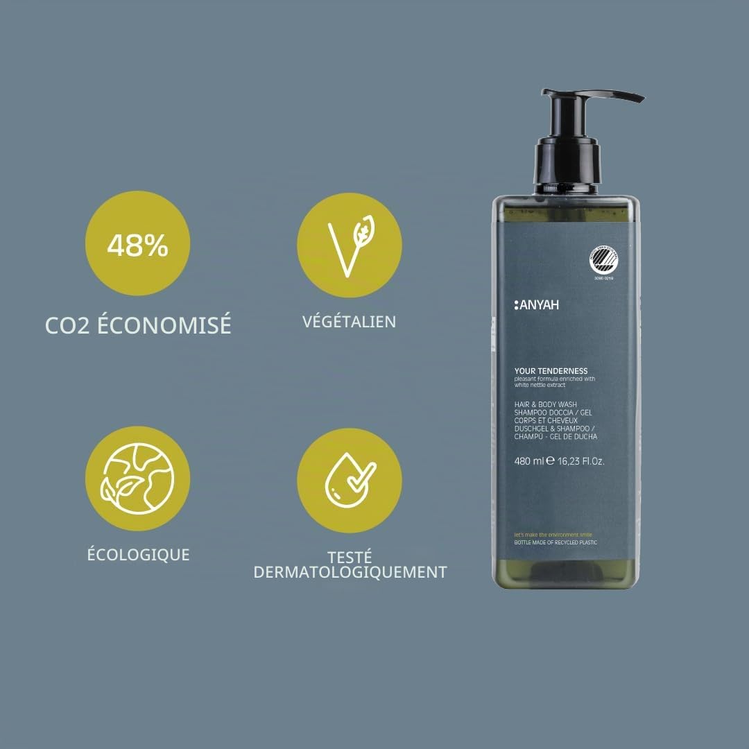 Anyah - Shampooing et Gel Douche - 4x480ml - Rechargeables - Formule Quotidienne Douce Tout-en-Un avec Extrait de Lamier Blanc - Shampooing - Savon de Douche - Fabriqué en Italie