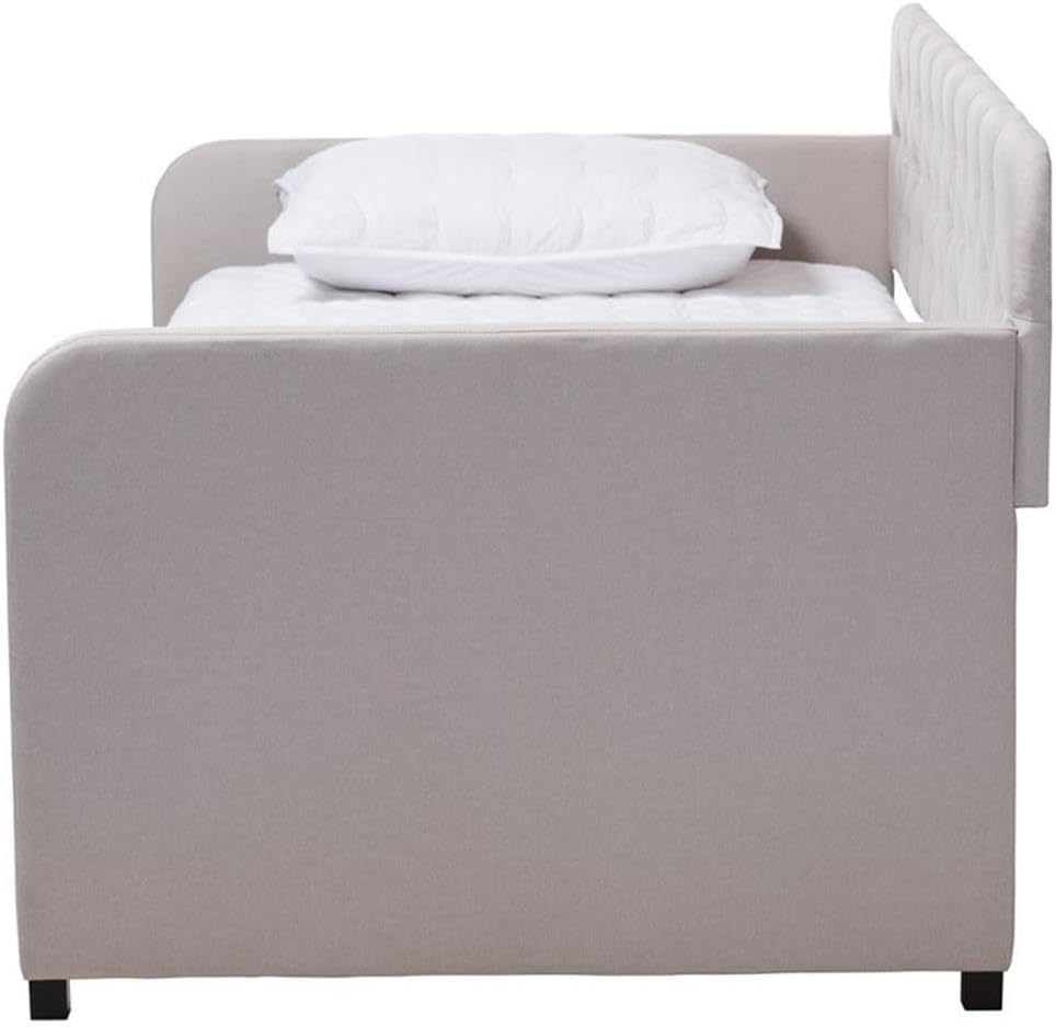 BOWERY HILL Contemporary Fabric Tufted Twin Daybed, Beige Upholstery, Solid Rubberwood Frame with Pull-Out Trundle, Foam Padding, Button-Tufted Back, 81.89 in W for Guest Room or Small Spaces