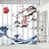 iTapnoom Asian Japanese Cherry Blossom Shower Curtain, Sea Wave Shower Curtains Set Ocean Nature Landscape for Bathroom Decor, Waterproof Polyester Durable Fabric with Hooks,72x72
