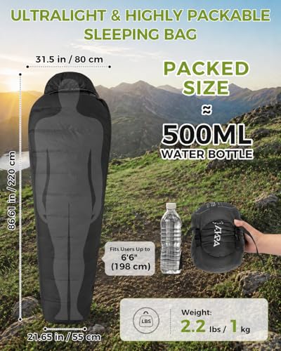 Bolsa de dormir ATEPA 700FP ultraligera y compacta para mochilero, color negro, tamaño 86.61" x 31.5", diseño mummy miniatura 2