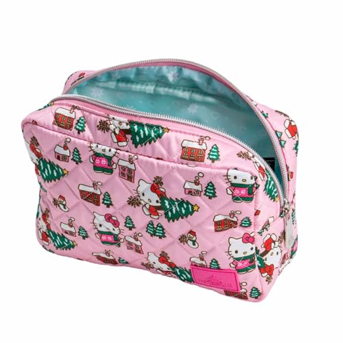 Impressions Vanity Hello Kitty Cozy Cosmetic Pouch for Women, Travel Makeup Bag Organizer Diamond Quilted Exterior with Slip Pocket and Zipper Pocket Silver Hardware, Holiday Artwork Polyester4