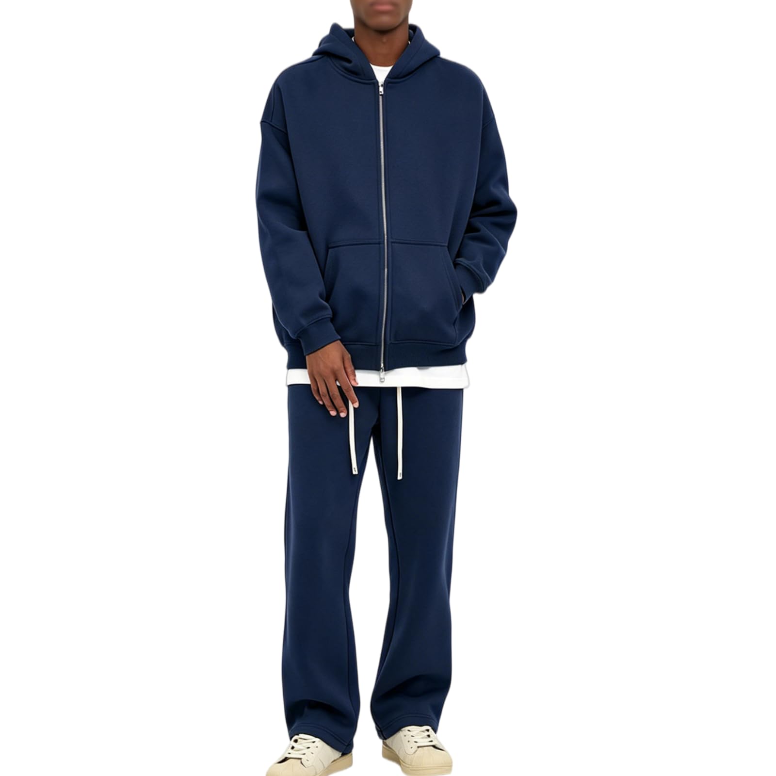 Dres, kurtka dresowa, bluza z kapturem, z zamkiem błyskawicznym, spodnie do joggingu zimowego, Ciemnoniebieski, L | Kurtka polarowa unisex z zamkiem błyskawicznym i spodniami do biegania, ciepła i wygodna do codziennego użytku