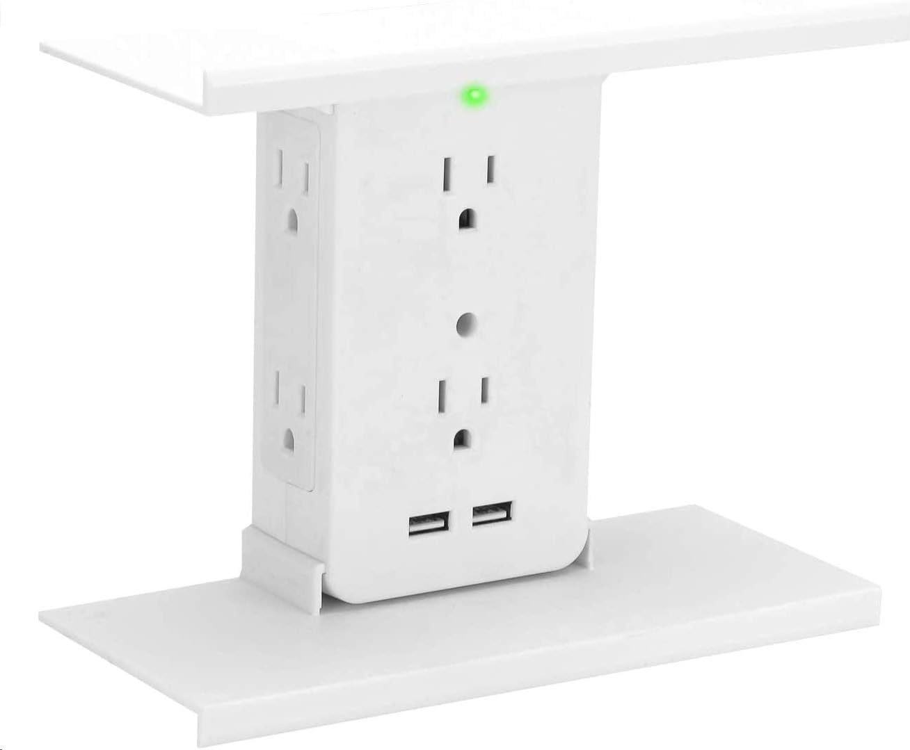 Socket Shelf Deluxe 8 Port Surge Protector Wall Outlet, 6 Electrical Outlet Extenders, 2 USB Charging Ports, 2 Removable & Interchangeable Shelves