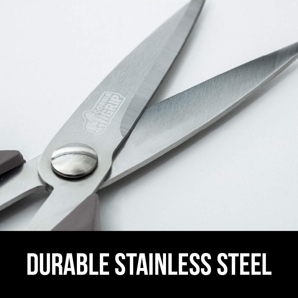Gorilla Grip All Purpose Food Kitchen Shears, XL, 2 Pack, Heavy Duty, Stainless Steel Sharp Blades, Comfortable Handle Scissors with Blade Guard, Cutting Tool, Cut Meat, Poultry, Vegetables, Gray