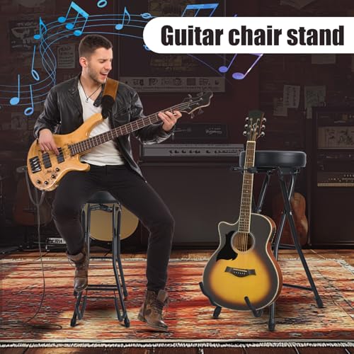 Image of Guitar Stool with Built-in Guitar Stand Foldable Musician Stool Padded Seat Integrated Footrest Retractable Hook Heavy-Duty Iron Frame for Acoustic Electric Bass Guitar Players(Black-c)