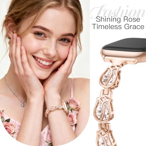 Maledan Metal Bands for Apple Watch Bands for Women iWatch Series 11/10/9/8/7/6/5/4/3/2/SE/Ultra, Slim Bling Rose Diamond Bracelet Jewelry iWatch Band 42mm 44mm 45mm 46mm 38mm 40mm 41mm, Rose Gold by Maledan - Used condition - Image 2