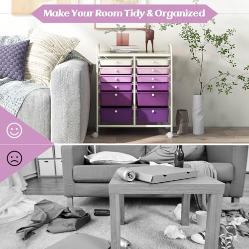Image of LDAILY 12 Drawer Rolling Storage Cart, Craft Cart Organizer on Wheels with Metal Frame, Large Capacity & Smooth Drawers for Living Room, Classroom, Office (Gradient Purple)