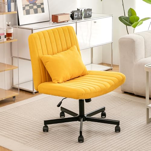 Image of KEIKI Criss Cross Armless Office Chairs with Wheels Adjustable Height Swivel, Wide Seat Linen Computer Cross Legged Chair with Extra Pillow for Home Office Bedroom Study Task Workstation, Yellow