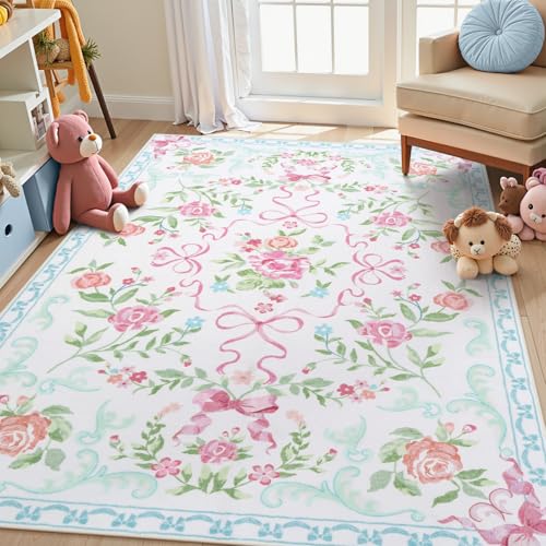 Collive Pink and Blue Floral Rugs for Girls, 5x7 Boho Bow Washable Area Rug for Living Room, Cute Ultra-Thin Non Slip Indoor Decor Carpet for Nursery Kids Room Bedroom Playroom