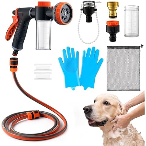 MALLMALL6 Dog Washing Hose attachment with Pet Grooming Glove & 2 Soap Dispenser, 10-in-1 Spray Modes Foam Nozzle Sprayer with 8.2Ft Pup Washer Hose for Showering Pets Car Wash Watering Flowers Cover