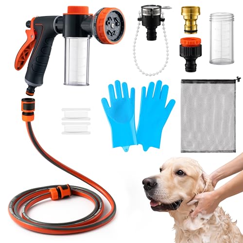 MALLMALL6 Dog Washing Hose Attachment with Pet Grooming Glove & 2 Soap Dispenser, 10-in-1 Spray Modes Foam Nozzle Sprayer with 8.2Ft Pup Washer Hose for Showering Pets Car Wash Watering Flowers