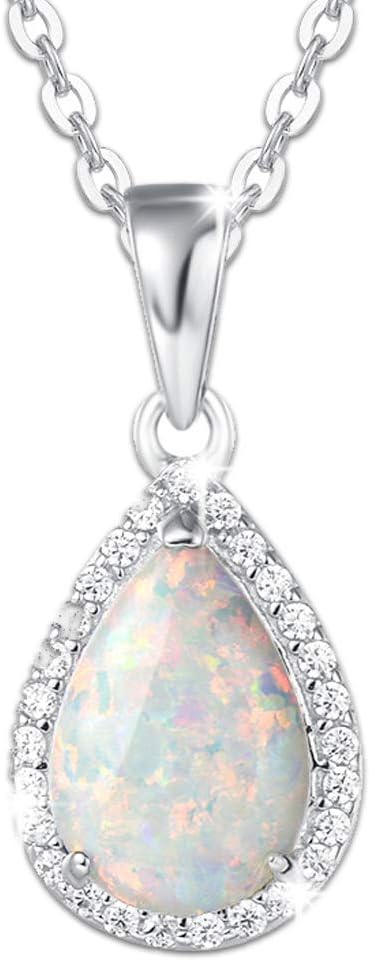 October Birthstone Necklace Sterling Silver White Opal Necklace Fire Opal Halo Waterdrop Teardrop Pear Shape Opal Pendant Fine Opal Jewelry for Women