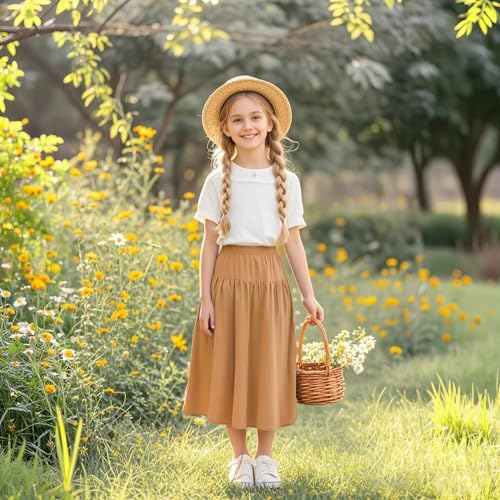 Image of Girls' Skirt A-Line Long Skirt School Uniform Skirt with Pockets, 4-13Y