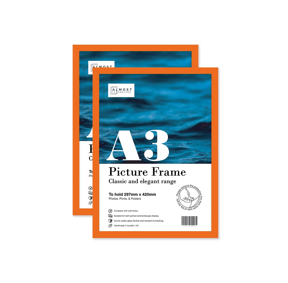 Almost Frameless A3 Orange Picture Frame Set of 2, Display A3 Picture Gallery Wall, Poster, Photo, Artwork, or Print, Orange