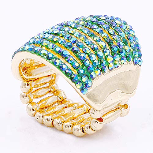 Lavencious 11 Rows With Crystals Stretch Rings Statement Rings Free Size 7 To 9 For Women (Gold + Green Ab Crystals) #TOP5