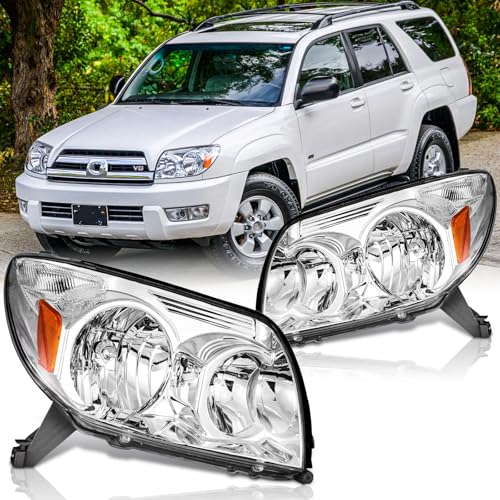 Headlights Assembly Pair for 2003 2004 2005 Toyota 4Runner Limited/Sport/SR5 Utility Head Lamps Replacement Driver and Passenger Side Chrome Housing Amber Reflector