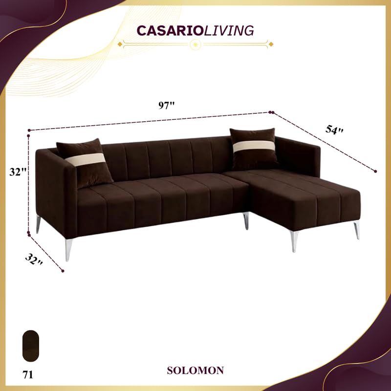 Image of Solomon Luxe Velvet-Suede Fabric 5 Seater RHS L Shape Sofa | Comfortable & Spacious Seating | Modern Sofa for Living Room - Dark Brown