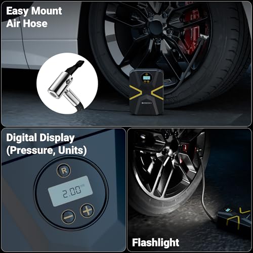 Image of Zebronics Wired Tyre Inflator, 150 PSI, 12V Car Port Adapter, 3m Cable, Digital Display, Accessory Storage, Flashlight, Multiple Nozzles, for Car, Bike, Bicycle, Sports Balls (22TIW)