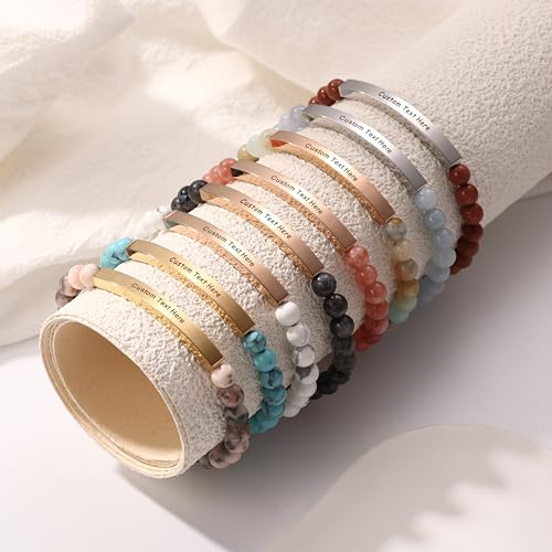 MeMeDIY Personalized Bracelets for Women Natural Stone Stretch Bracelet Stainless Steel Bar Engraved Name Inspirational Message 7.5" Beaded Stretch Bracelet4
