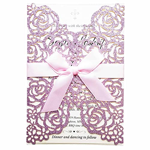 Invitaciones de boda en blanco fáciles de imprimir con sobres calados rosa y cintas marfil