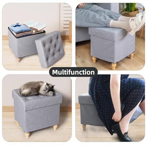 Image of CAROLMADE Folding Storage Ottoman Cube Linen Footstool with Wood Legs Ottoman Footrest for Living Room and Bedroom Brown, Grey 15 inchx12.6 inchx15.4 inch