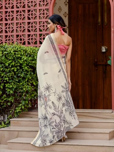 Image of SIRIL Women's Printed Cotton Linen One Minute Ready to Wear Saree With Unstitched Blouse Piece
