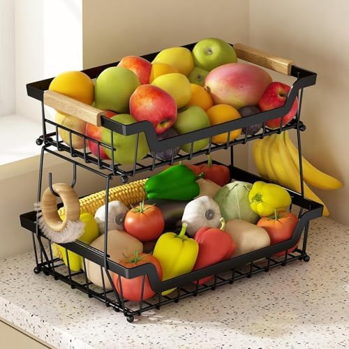 Fruteira de Mesa 2 Andares, Cesto de Frutas de Metal com Alça, Or...
