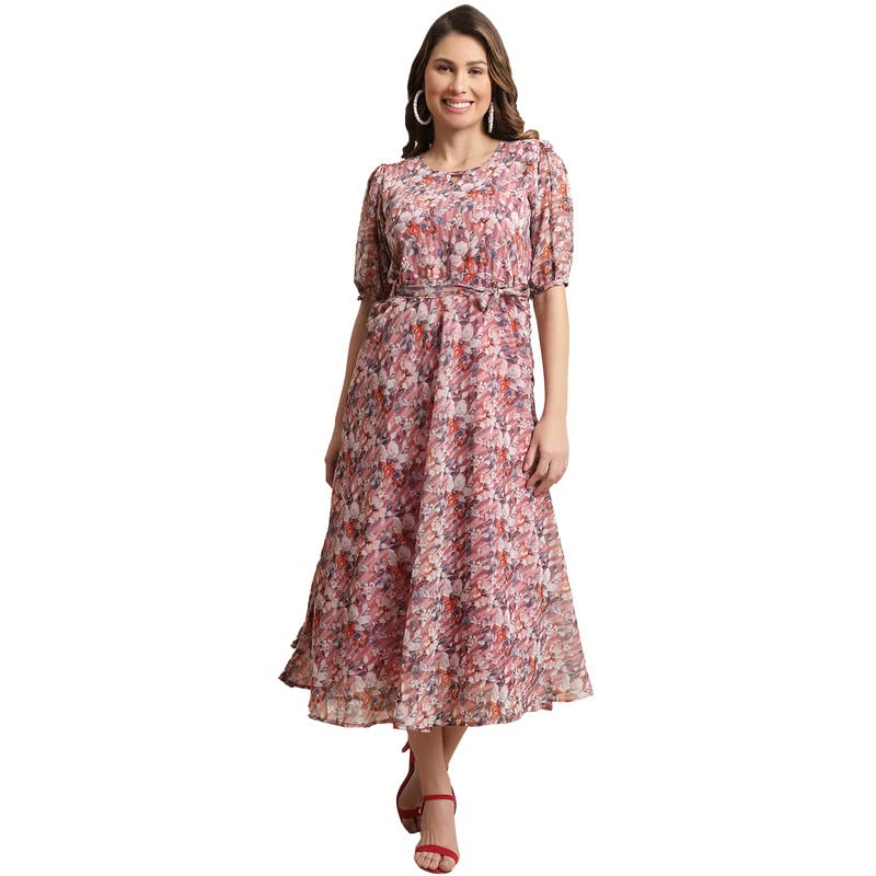 Preneum Women's Maxi Fit & Flare Print Georgette Regular Sleeves Casual |Summer |Latest Style |Festival & Occasion Maxi Gown(Maxi-N-29_S) Peach