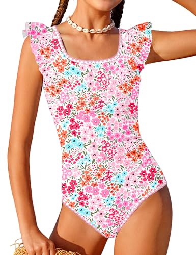 Image of Girls Swimsuit Ruffled Square Neck Color Contrast Trim One Piece Bathing Suit Geometric Girls' Swimwear 9-16Y