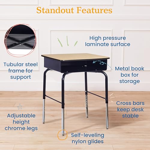 Image of ECR4Kids Open Front Desk with Metal Storage Book Box, Adjustable, Classroom Furniture, Maple /Black