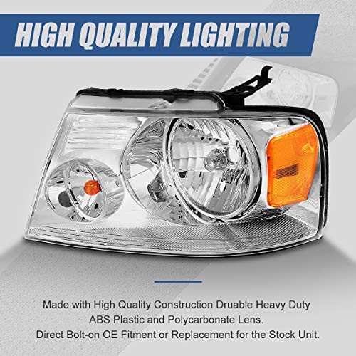 [Halogen Model] Factory Style Headlights Assembly Compatible With Ford F150 Lincoln Mark Lt 2004-2008, Driver And Passenger Side, Chrome Housing Clear Lens Amber Corner #TOP4