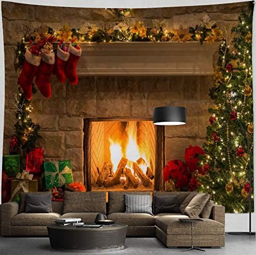 HIYOO Home Christmas Fireplace Tapestry Wall Hanging, Merry Xmas Happy New Year Winter Wall Tapestry Art Fabric Decorations, Decor for Dorm Room, Bedroom, Living Room, Party Background 90" W x 71" L
