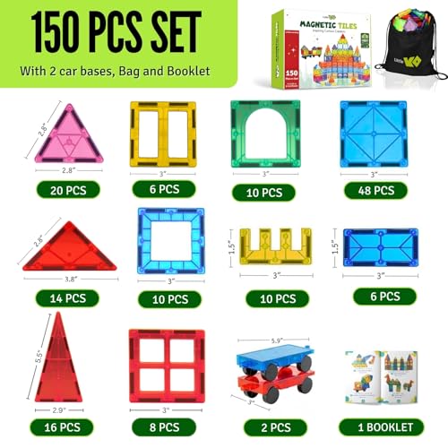 Image of Magnetic Tiles 150 PCS with 2 Cars Bases, STEM Magnet Building Tiles for Kids Ages 3-12, Educational Building Magnets Toys, Creative Construction, Preschool Learning & Play for Childs