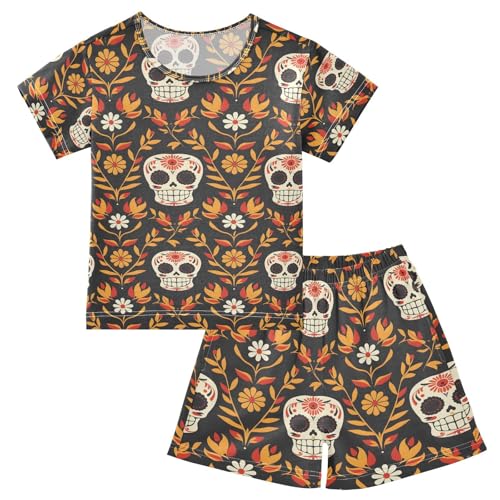 ALAZA Mexican Day Of The Dead Sugar Skull Black Pajamas Set Short Sleeve Cotton Sleepwear Summer Pjs 2 Piece 5-14Y