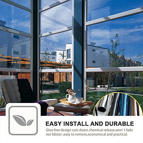 Window Privacy Film One Way Daytime Mirror Tint Treatments UV Heat Control Vinyl Stickers Sun Block Glass Paper Door Covering Reflective 35.4 Inch x 13.1 Feet Blue Silver