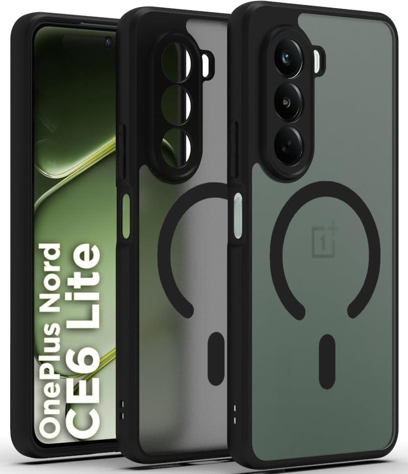 Image of RIGGEAR Shockproof Sleek Hybrid Armor Magnetic Back Cover Case Compatible with MagSafe Accessories for OnePlus Nord CE6 Lite 5G (Smoke Black Matte PC + Black TPU Bumper)