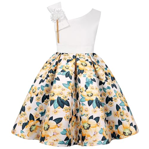 Girls Dress One-Shoulder Dresses Kids Girls Summer A-Line Dress for 𝗣a𝐫𝐭y Birthday Satin Flower Bridesmaid Dresses