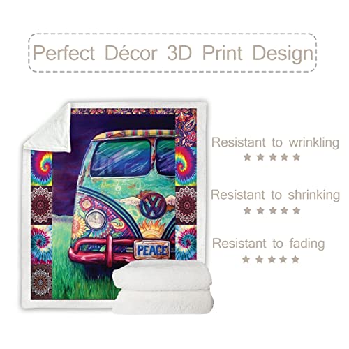 Sleepwish Hippie Bus Printed Sherpa Fleece Blanket, Rainbow Hippie Boho Throw Blankets, Vintage Mandala Lightweight, Warm, Cozy, Soft, Fluffy, Reversible, Luxury Tv Blanket (Throw 50"X60") #TOP3