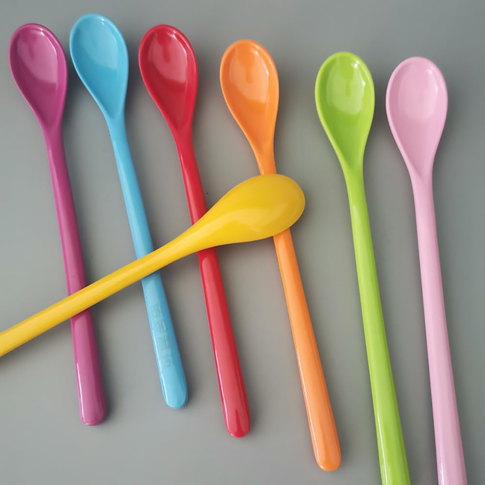 6 Cuillères à Glace Longues QZKJQDD - 18cm, Plastique Alimentaire, Coloris Rouge/Bleu/Vert