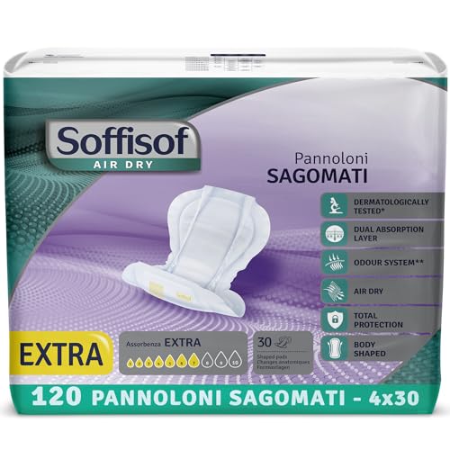 Soffisof Air Dry Pannoloni Sagomati Extra - 120x Pannoloni per Anziani - 4 Confezioni da 30 Pezzi, Assorbenza fino a 7 Gocce - Ausili Incontinenza Uomo e Donna