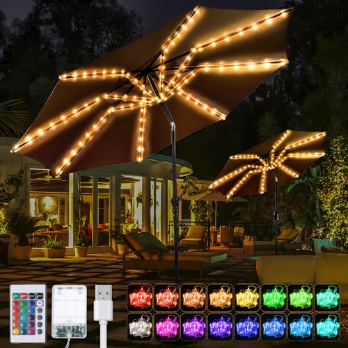 Image of Frienda 2 Pack Patio Umbrella String Lights, 16 Colors Umbrella Lights Outdoor Patio, 4 Modes 104 Bright LED Patio Umbrella Light Outdoor Patio Decor with Remote Control, USB Or Battery Operated