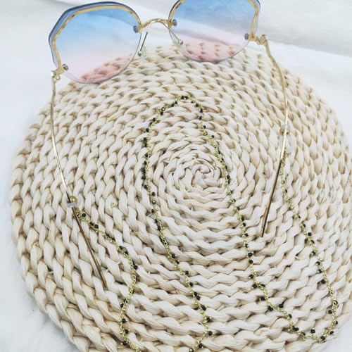 Image of Beaded Eyeglass Chain Holder, Gold Stainless Steel Chains with Black Crystal Beads, Sunglasses Strap