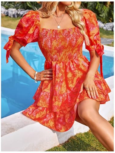 Image of Floerns Women's Floral Print Puff Sleeve Square Neck Tiered Layer Shirred Dresses