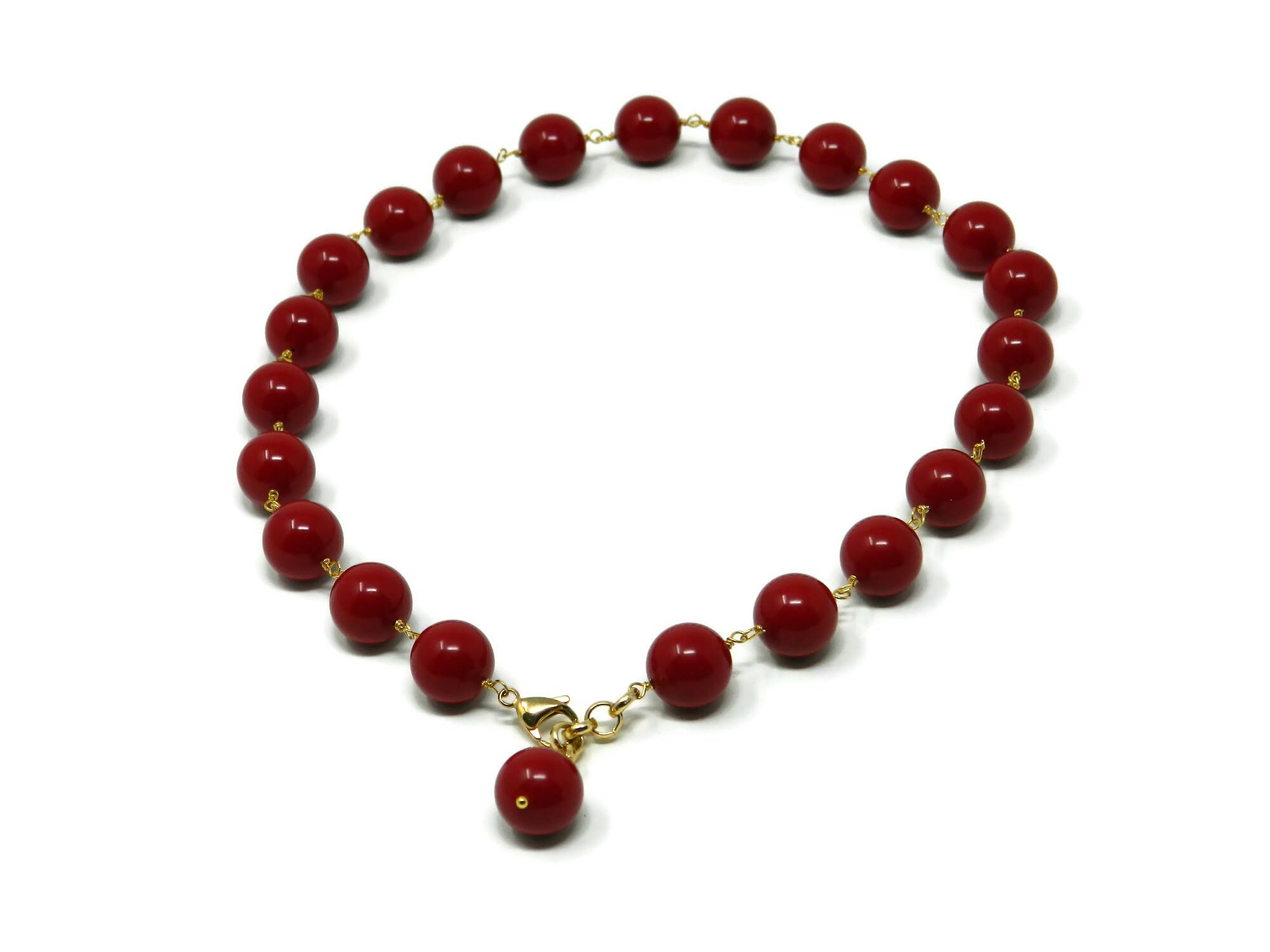Collana girocollo donna con palline lisce 14 mm in pasta di corallo rosso scuro – Catenella e chiusura dorata – Lunghezza 52 cm – Gioielli artigianali Made in Italy – Nichel free – DodiGioielli
