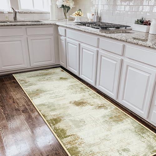 Nafell Alfombra lavable para pasillo de cocina, 2 x 6 pies, color azul, bohemio, abstracto, alfombra lavable para cocina, pasillo, entrada, dormitorio, tejido a mano, lana sintética