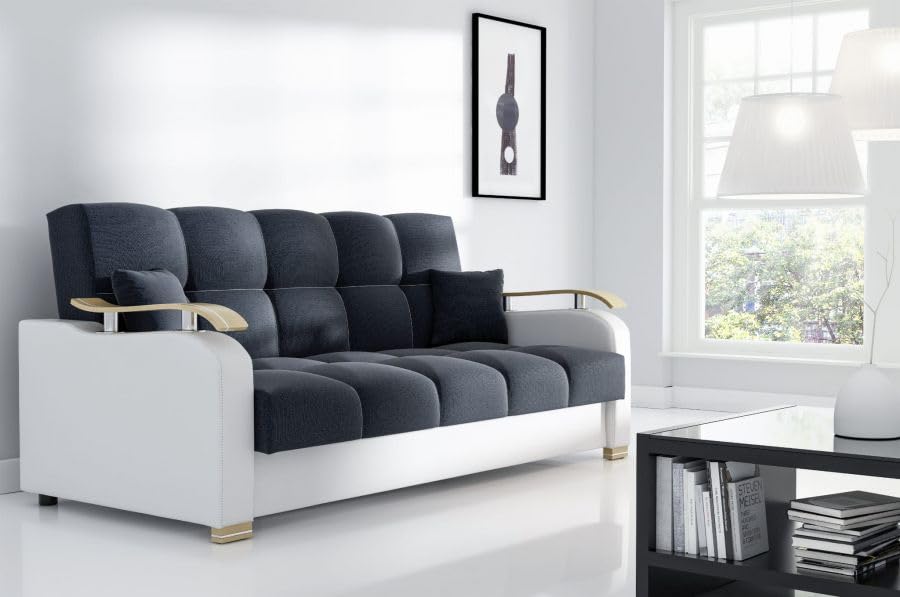 LIKMA Canapé-Lit Shandy 215 cm Noir Tissu Inari et Similicuir Blanc Couchage 119x190 cm Bonell Ressorts Coffre de Rangement 2 Coussins Canapé Convertible Design