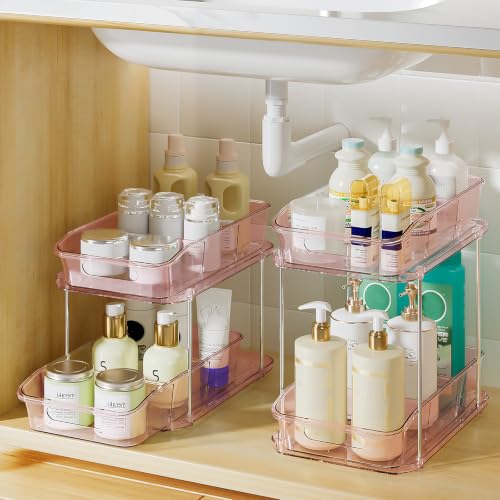 Image of Delamu 2-Tier Under Sink Organizers and Storage, Multi-Purpose Stackable Bathroom Cabinet organizers, Pull Out Kitchen Pantry Organization and Storage with Dividers(2 Pack, Pink)