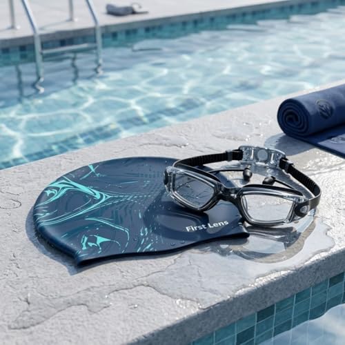 Image of First Lens Swimming Combo Pack with Anti-Fog Goggles, Swimm Cap - Clear Goggle + Aquawave Cap