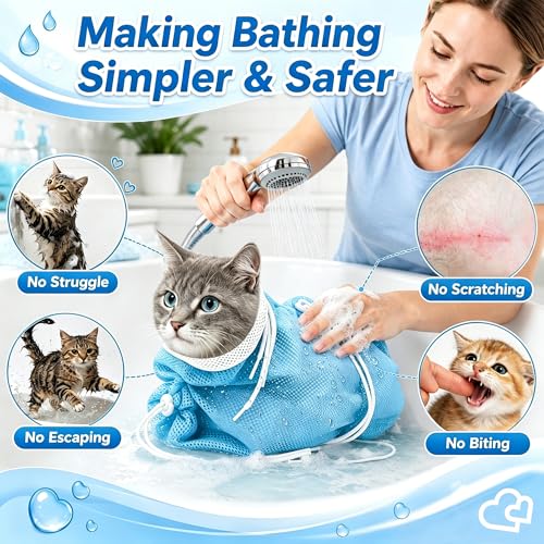 Image of Cat Bathing Bag, Catcan Breathable Cats Grooming Bag, Anti Scratch Adjustable Cat Shower Washing Bags with Mesh for Nail Trimming (White- Blue)