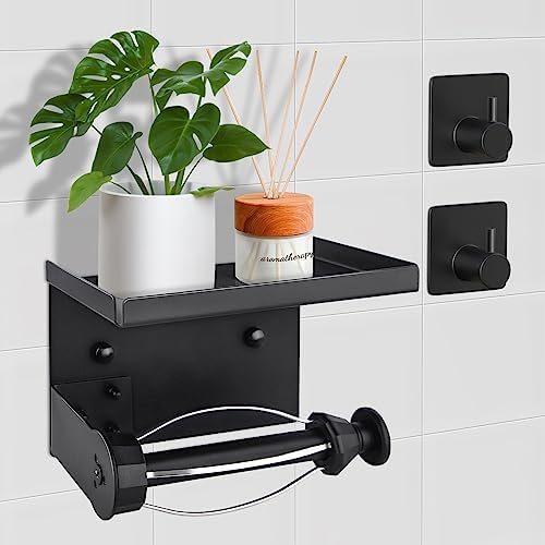 2023 Toilet Paper Holder with Shelf, Boeetech Toilet Tissue Paper Holder with Damping Effect, Self Adhesive Bathroom Toilet Paper Holder Wall Mount for Bathroom with 2 Hooks